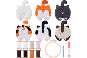 Vesici 6ps Cat Bum Punch Needle Kit, 6 Patterns Cat Butt Punch Coaster, Fun Woven Creative Coasters for Adult Beginners, Coasters Kit with Adhesive Felt, Yarns, Embroidery Hoop, Instruction
