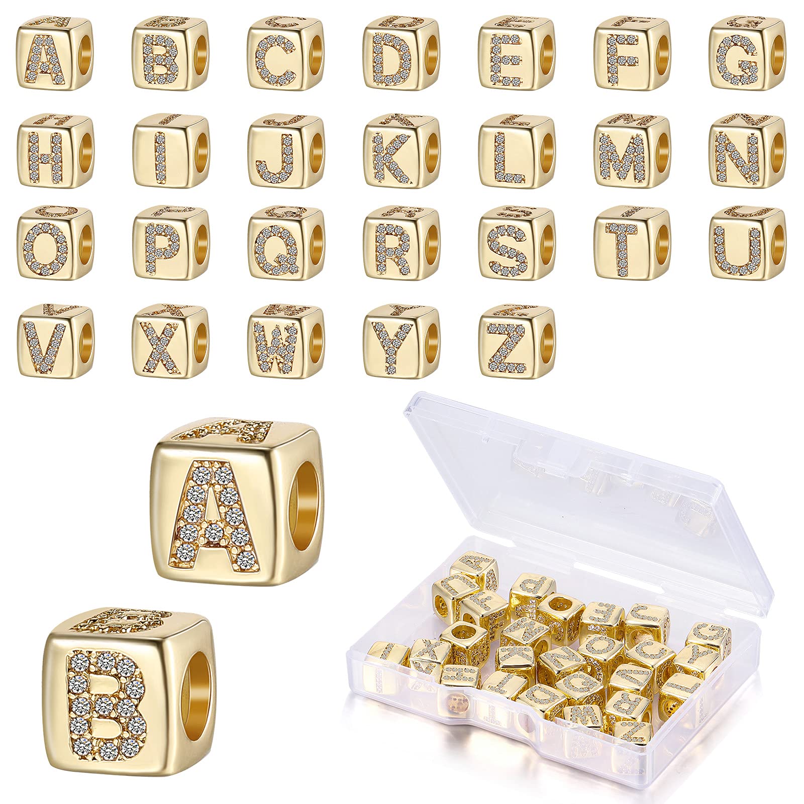 Photo 1 of Hicarer 26 Pieces Rhinestone Letters Cube Beads ABC Alphabet Dice A-z Beads Big Hole DIY Charm for Jewelry Making Bracelet Necklace Earrings(Square,Gold)