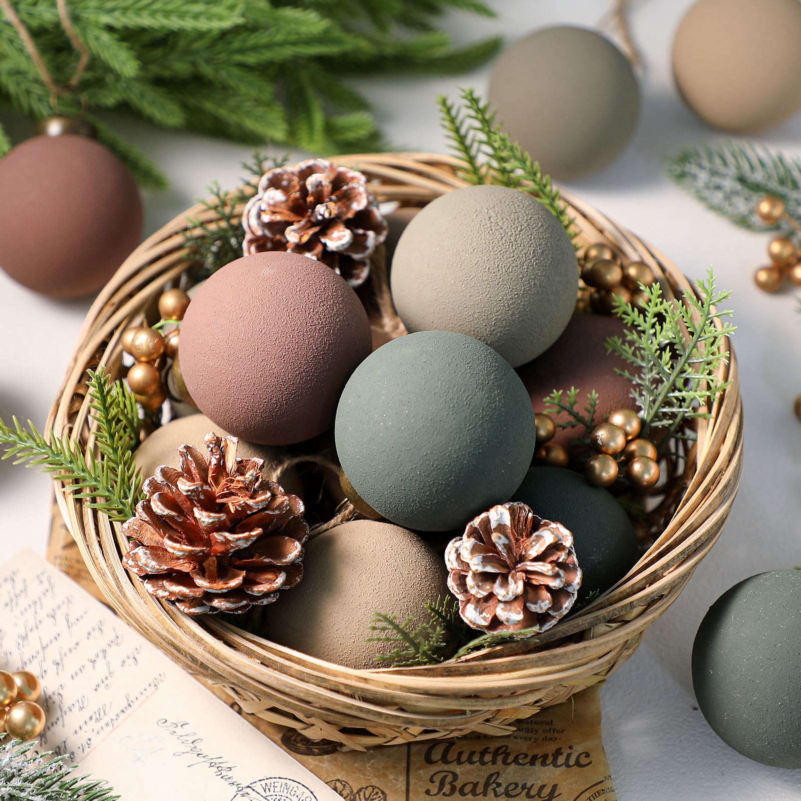 Photo 1 of 15 Pcs Neutral Matte Christmas Ball Ornaments 2.36'' Textured Rustic Boho Brown Taupe Pine Green Xmas Ball Ornaments Modern Christmas Decor Shatterproof Hanging Tree Decor for Home Indoor