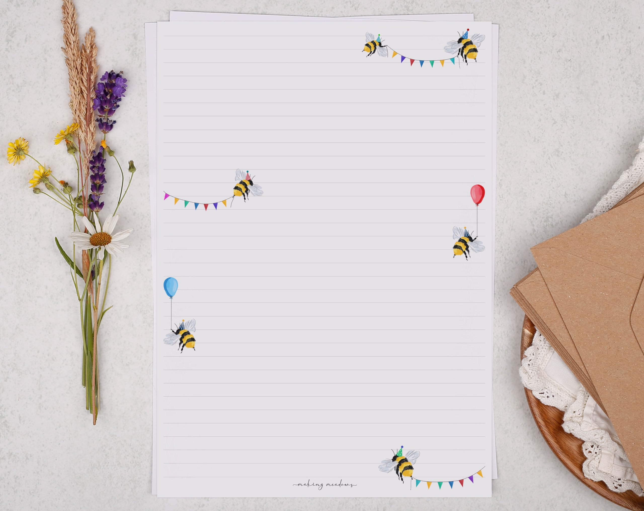 Making Meadows A4 Luxury Writing Paper Set Bee Design (20 Sheets & 10 Envelopes), Perfect for Letter Writing, Lined Writing Paper and Envelopes