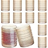 12 Pcs Golden Hobnail Beaded Drinking Glasses, 12 oz Vintage Glassware Set Romantic Water Glasses Tumbler, Water Cups, Clear Embossed Glassware Set for Beer, Juice, Cocktail, Soda, Beverages Amber