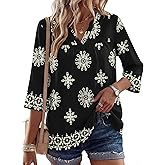 Rapbin Womens 3/4 Sleeve V Neck Floral Print Pleated Blouses for Women Dressy Casual Loose Fit Tops