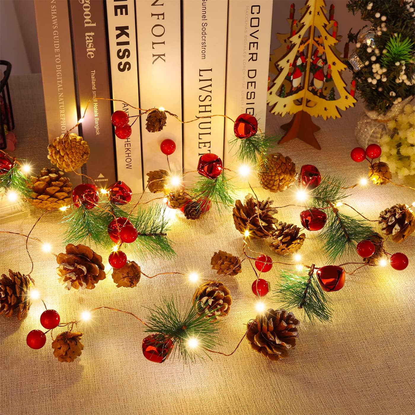 Wreaths, Garlands & Swags - KITCADA Christmas Garland with String Lights 10 Ft 30 LED Pine Cone Red Berry Bells Garland Lights, Indoor Christmas Decorations for Home and Fireplace Mantel Decor, Christmas Tree Decor (Warm White)