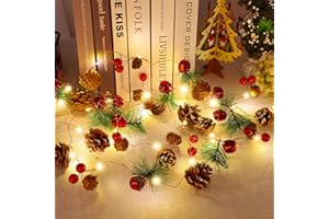 KITCADA Christmas Garland with String Lights 10 Ft 30 LED Pine Cone Red Berry Bells Garland Lights, Indoor Christmas Decorations for Home and Fireplace Mantel Decor,Christmas Tree Decor (Warm White)