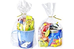PigPotParty 8"x 11",100Pcs Bottom Gusset Bags, Clear Cello Cellophane Plastic Treat Goodie Bags with 100x Twist Ties, Party Favor Packaging, Return Gift Mug Toy Wrapping (No Side Gusset)