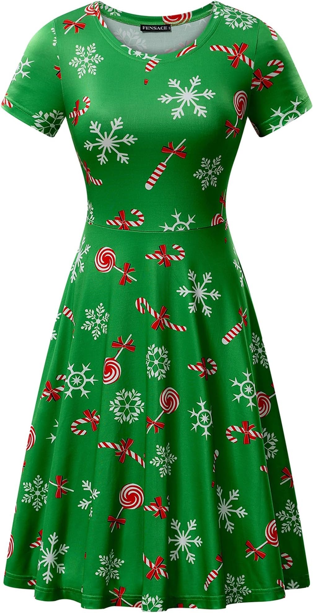Womens Round Neck Short Sleeve Fit and Flare Skater Midi Casual Christmas Dress …