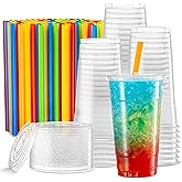 [40 Sets - 32 Oz] Crystal Clear PET Plastic Cups With Flat lids & Straws for Iced Coffee, Milkshake, Cold Drinks, Slush Cups, Smoothy's, Slurpee, Party's, Plastic Disposable Cups