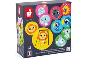 Janod - Memo of Emotions - Mix and Match Skill Game - 24 Large Funny Animal Cardboard Tokens - Early-Discovery for Children a