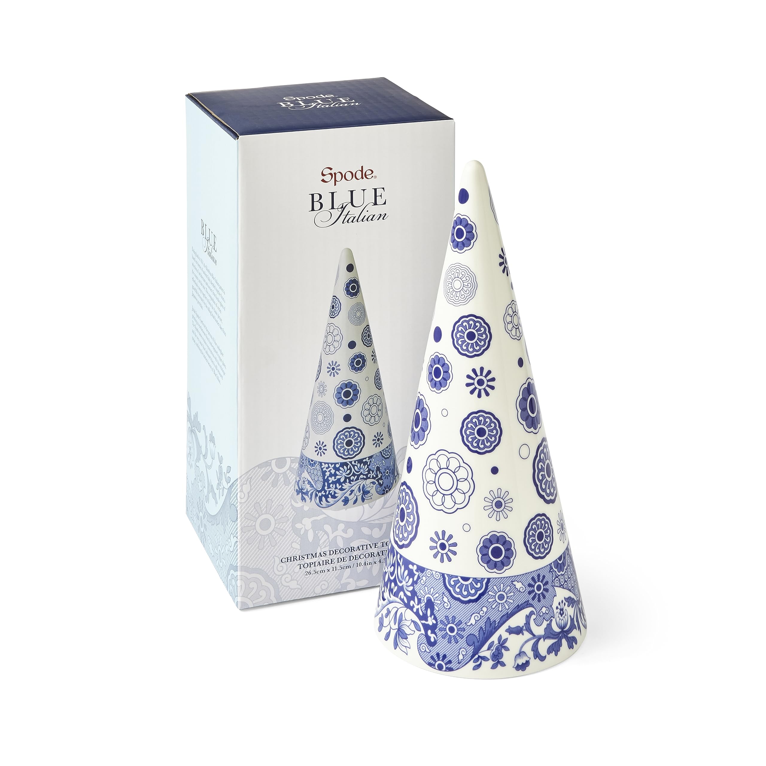 Spode Blue Italian Medium Decorative Cone Ornament - Christmas Topiary 10" Porcelain, Elegant Home Decor Accent for Tables, Mantels, Shelves, or Holiday Displays