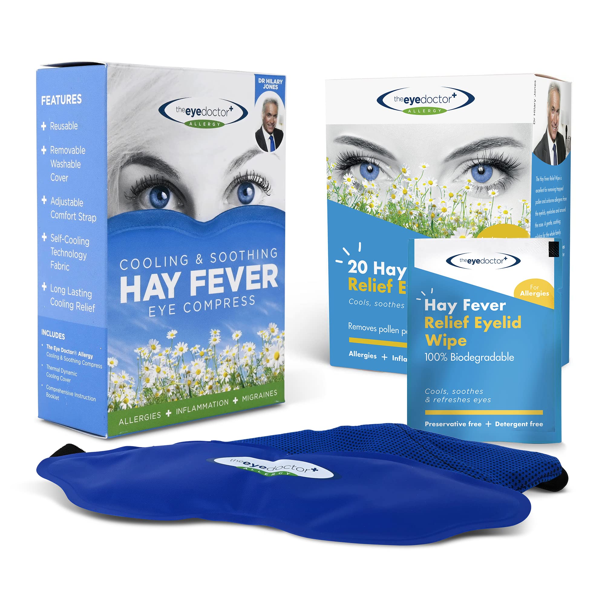 The Eye Doctor Allergy Relief Pack - Reusable Cold Eye Compress & 20x Single Use Eye Wipes for Allergy & Hayfever - Inflammation, Watery Itchy Eyes, Headaches & Migraines - Cooling Soothing Therapy