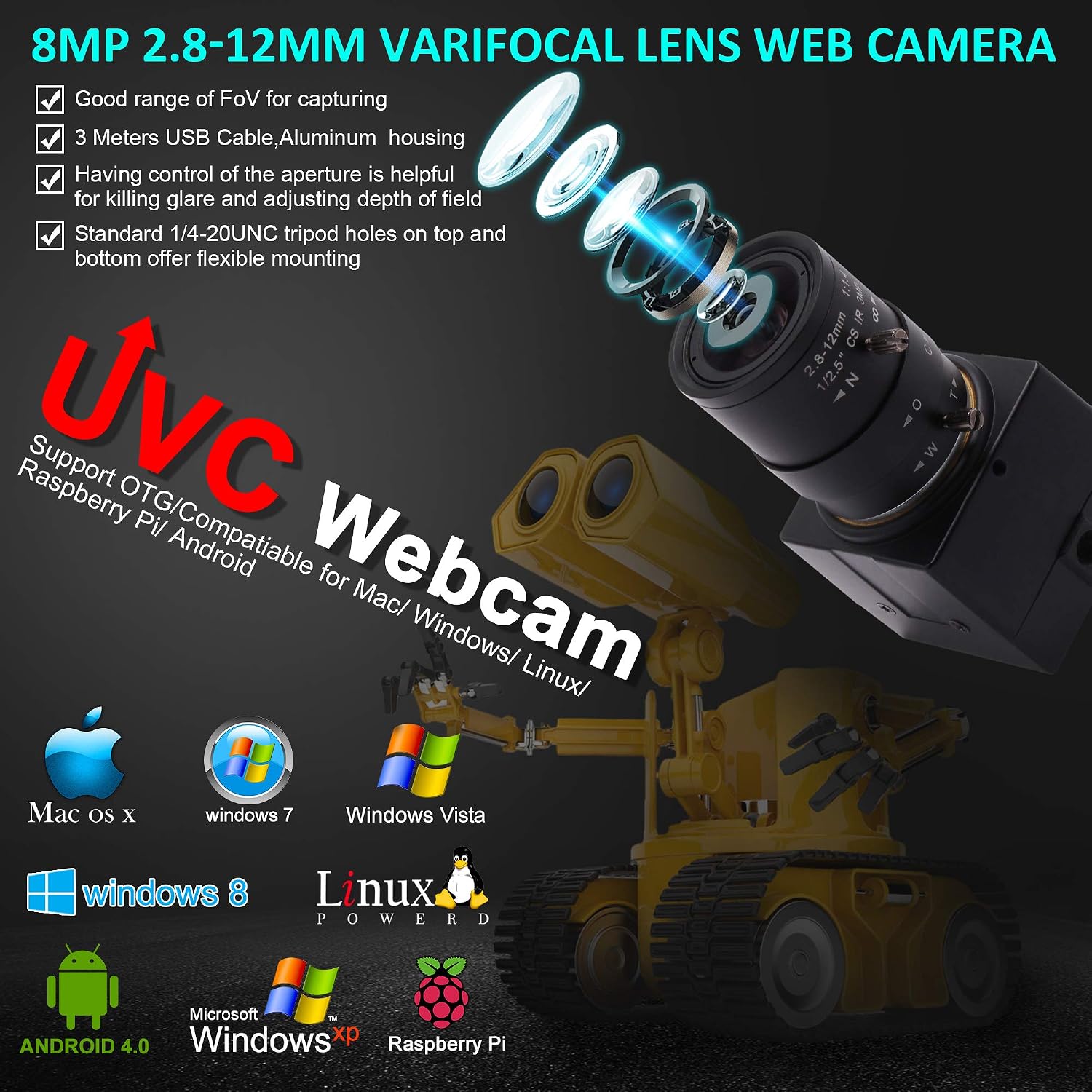ELP 8 Megapixel Zoom Web Camera IMX179 Sensor USB Camera 2448P Webcam HD 2.8-12 mm Variable Focus Manual Lens Camera Supports Windows/Linux/Android/Raspberry Pi USB8MP02G-SFV (2.8-12 mm) - Image 4