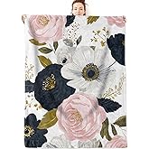 olpddz Elegant Floral Flannel Blanket Gifts for Women,60x50inch,Stylish Botanical Throw Blankets with Flower in Pink,Navy Blue and White,for Bedroom,Sofa,Living Room,Camping Decor Throws