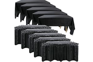FRTZAL 5 Pack Plastic Table Skirts for Rectangle Tables with 5 Pack Table Cloths, 14 Ft Blue Tableskirts and 54" x 108" Tablecloths，Tablecloth Skirt Table Covers for Party Birthday Baby Shower (Black)