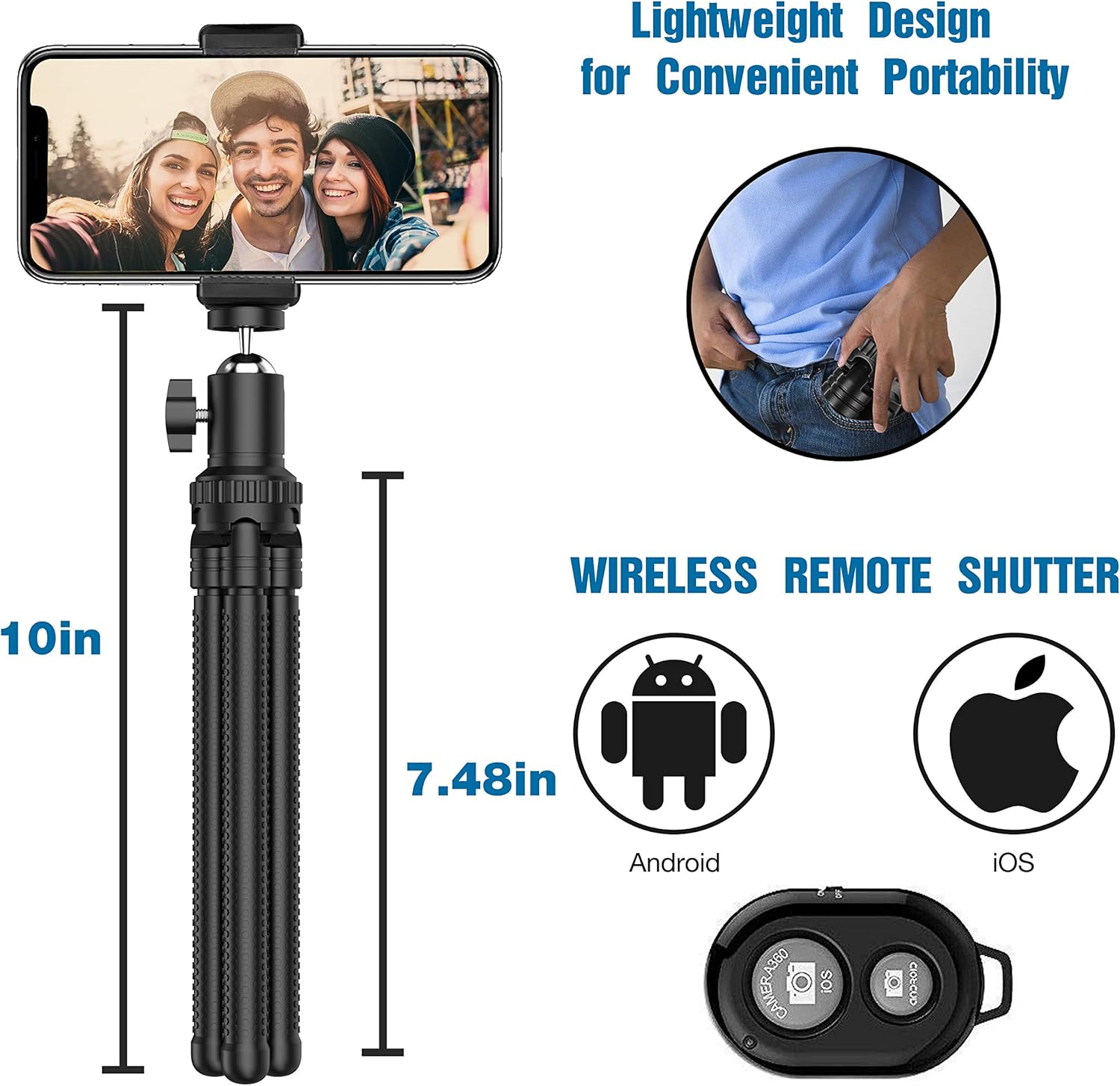 Phone Tripod, Portable Cell Phone Camera Tripod Stand with Wireless Remote, Flexible Tripod Stand for Selfies/Vlogging/Streaming/Photography Compatible with iPhone, Android Phone, Sports Camera GoPro: Camera & Photo