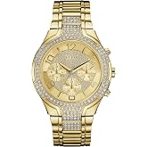 GUESS Women's Gold-Tone Stainless Steel Crystal Embellished Bracelet Watch with Day, Date + 24 Hour Military/Int'l Time. Color: Gold-Tone (Model: U0628L2)