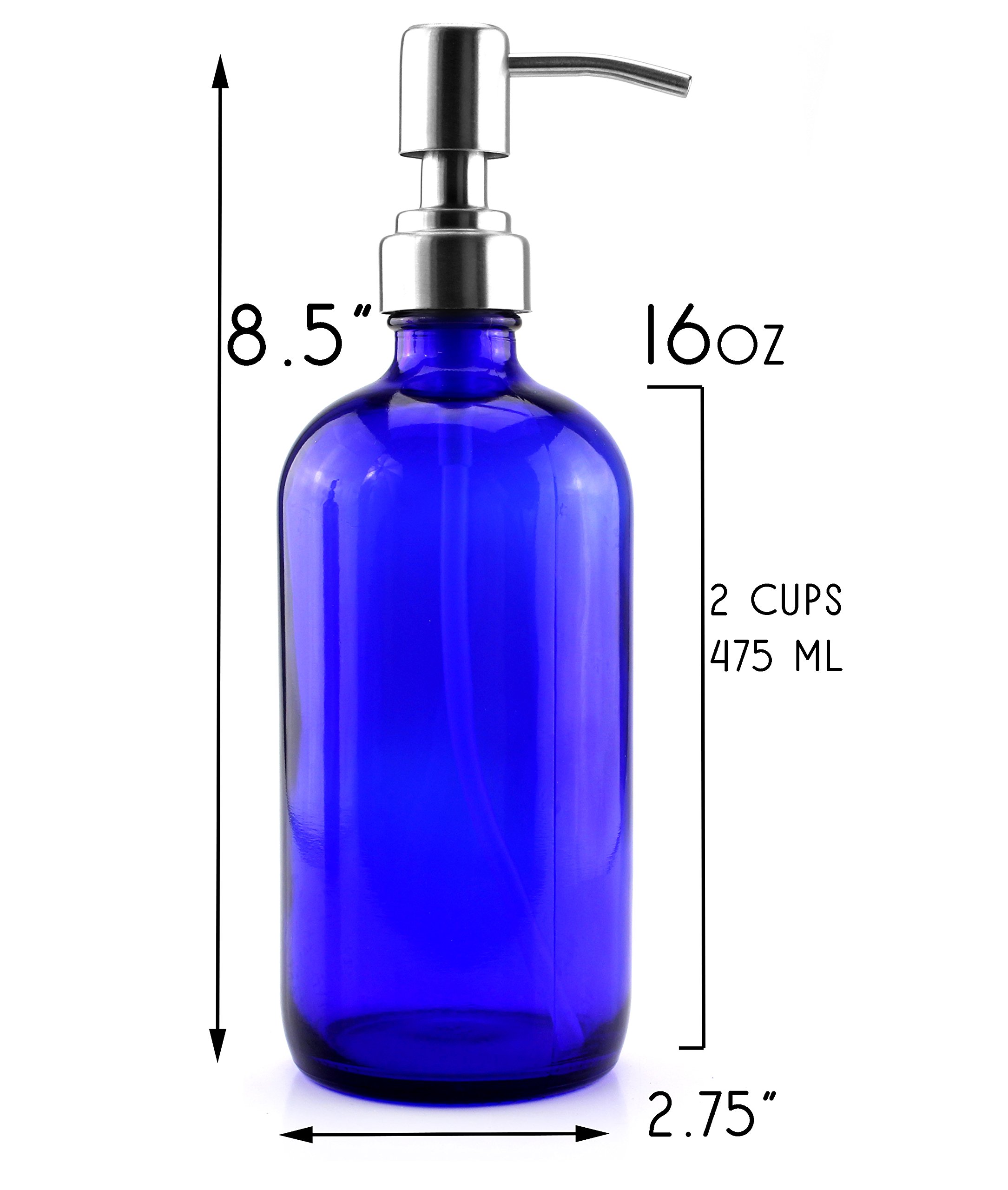 16Ounce Cobalt Blue Glass Bottles w/Stainless Steel Pumps (2Pack