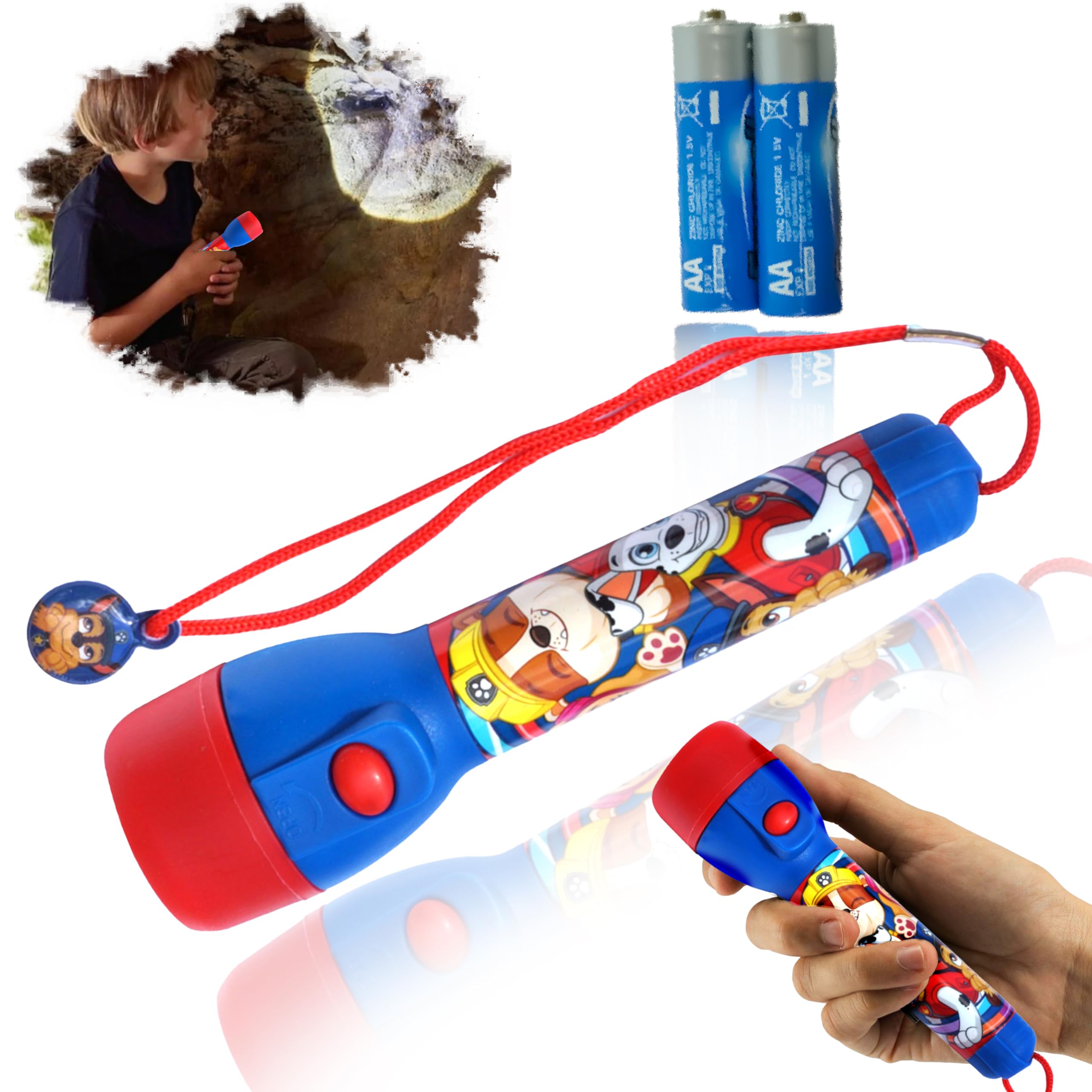 HOVUK Paw Patrol LED Flashlight Torch 16cm, Travel Torch for Kids Summer Fun, Plastic Torch with Lanyard, Battery Operated Emergency Nightlight Torch for Kids 3+Years