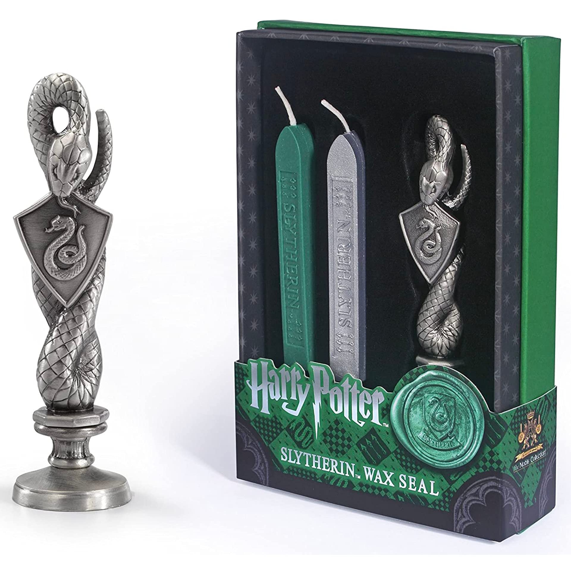 The Noble Collection Harry Potter Slytherin Wax Seal - 6.5in (16.5cm) Die Cast Metal Stamp and Coloured Green and Silver Wax Set - Officially Licensed Film Set Movie Props Gifts Stationery