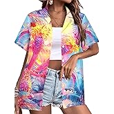 Hawaiian Shirt Floral Tropical Print Tee Hawaii Shirts Aloha Beach Tee Cute Vcation Button Up Blouse