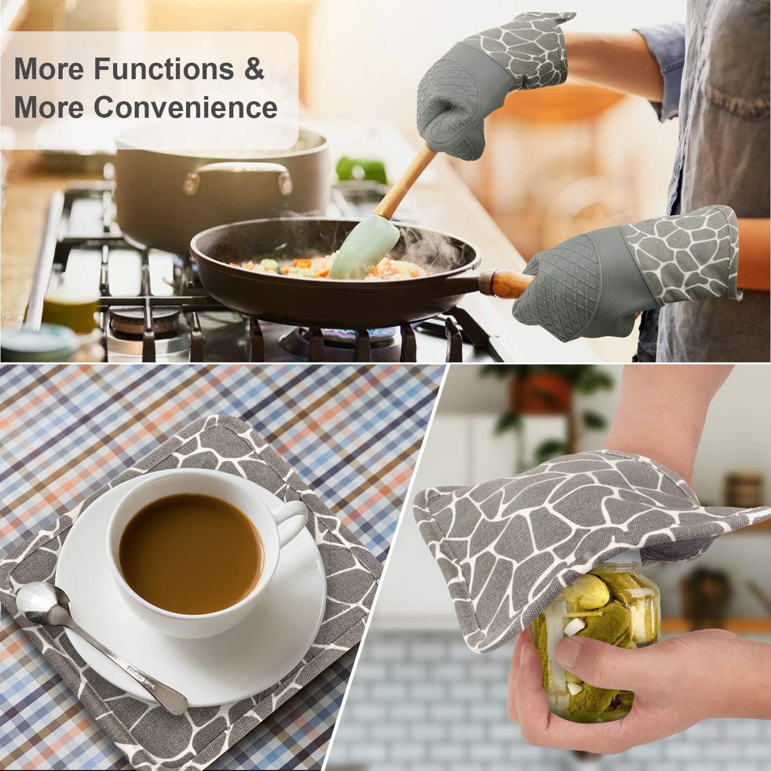 Gesentur Oven Gloves, Heat Resistant Silicone Oven Gloves, Non-Slip Kitchen Oven Mitts 1 Pair and 2 Pot Holders - Image 5