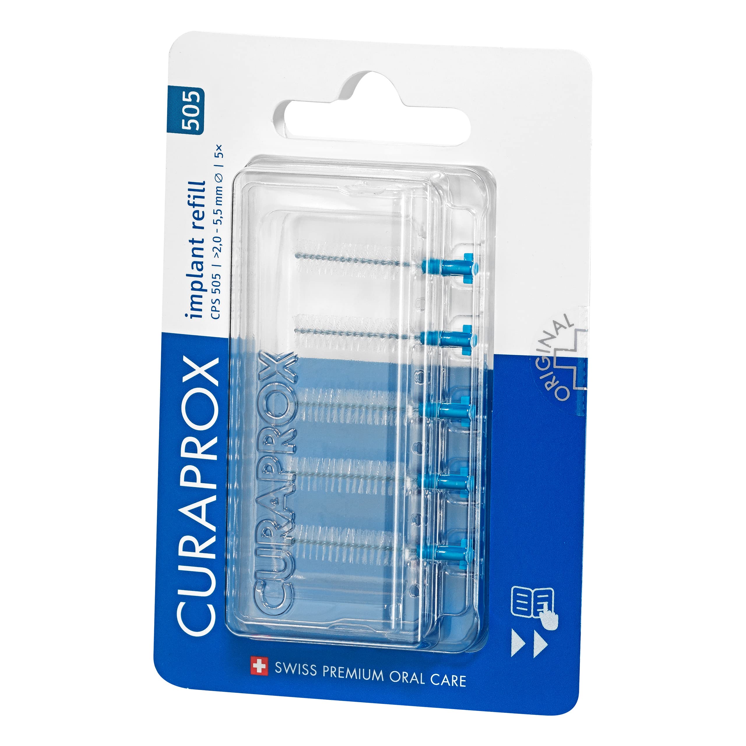 Curaprox Interdental Brushes CPS 505 Implant Refill, Pack of 5, Blue, 2 mm Diameter, 5.5 mm Efficiency, Refill Pack Without Holder