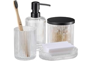 Navaris Glass Bathroom Accessories Set (4 Pieces) - Includes Soap Dispenser, Toothbrush Tumbler, Soap Dish, Cotton Pad Holder