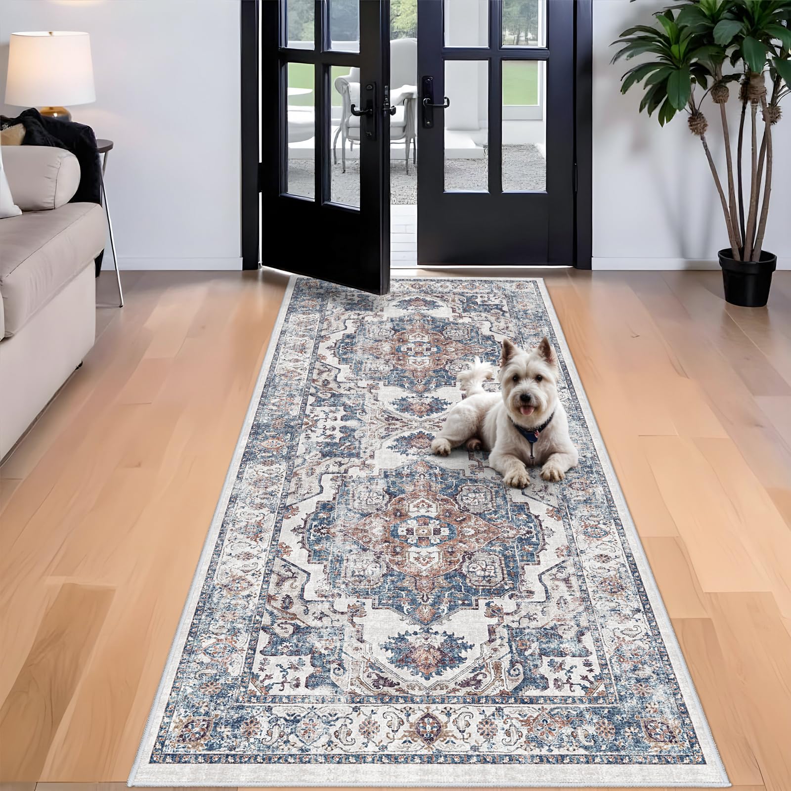 Washable 4x8 Hallway Area Rug: Vintage 8ft Water Resistant Soft Runner Rug for Entry Kitchen Non Slip Wide Low Pile Carpet for Living Room Bedroom Thin Floor Mat for Bathroom Dining Room(Brick,4x8) Image