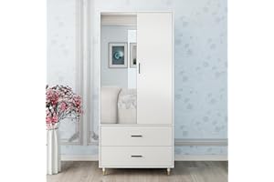 Keloyid Wood Armoire Wardrobe with Mirror and 2 Doors - Bedroom Storage Cabinet with 2 Drawers and Hanging Rod - Tall White Wardrobe