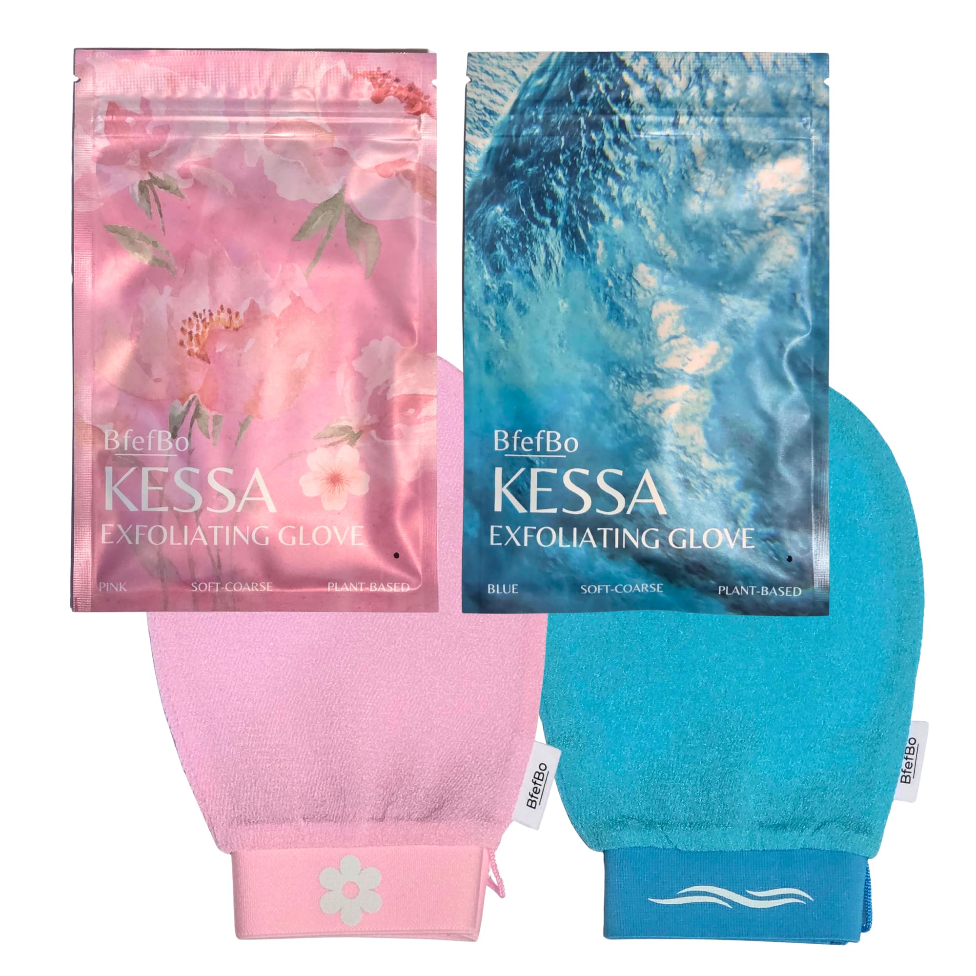 BfefBo Body Exfoliating Glove, KESSA Pink + Blue, Bath & Shower Mitt, Body scrub, Exfoliator, Plant based, Targets keratosis pilaris