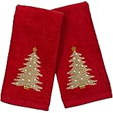 Serafina Home Christmas Fingertip Towels for Bathroom– Set of 2 Red 100% Cotton Embroidered Golden Christmas Tree Design –18x12” Decorative Bath & Kitchen Towels