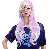 SWACC 26-Inch Long Curly Wave Cosplay Synthetic Wig For Women Mixed Colorful Highlights