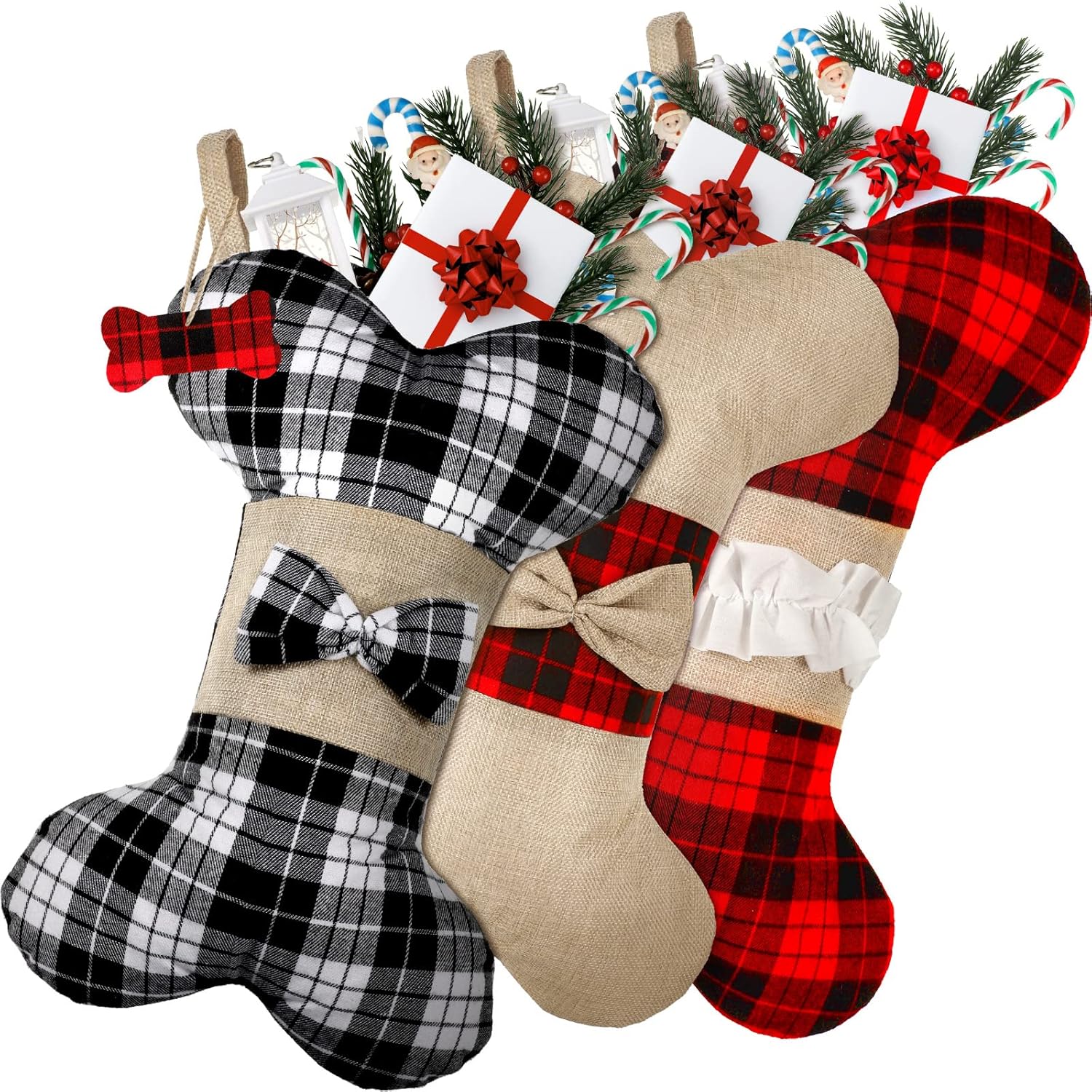 Stockings & Holders - 3 Pcs Christmas Pet Dog Stockings Christmas Buffalo Plaid Stockings Red and Black Plaids Hanging Stockings Bone Shape Stocking for Christmas Fireplace Tree Decorations, 16.5 x 10 Inch (Classic Style)