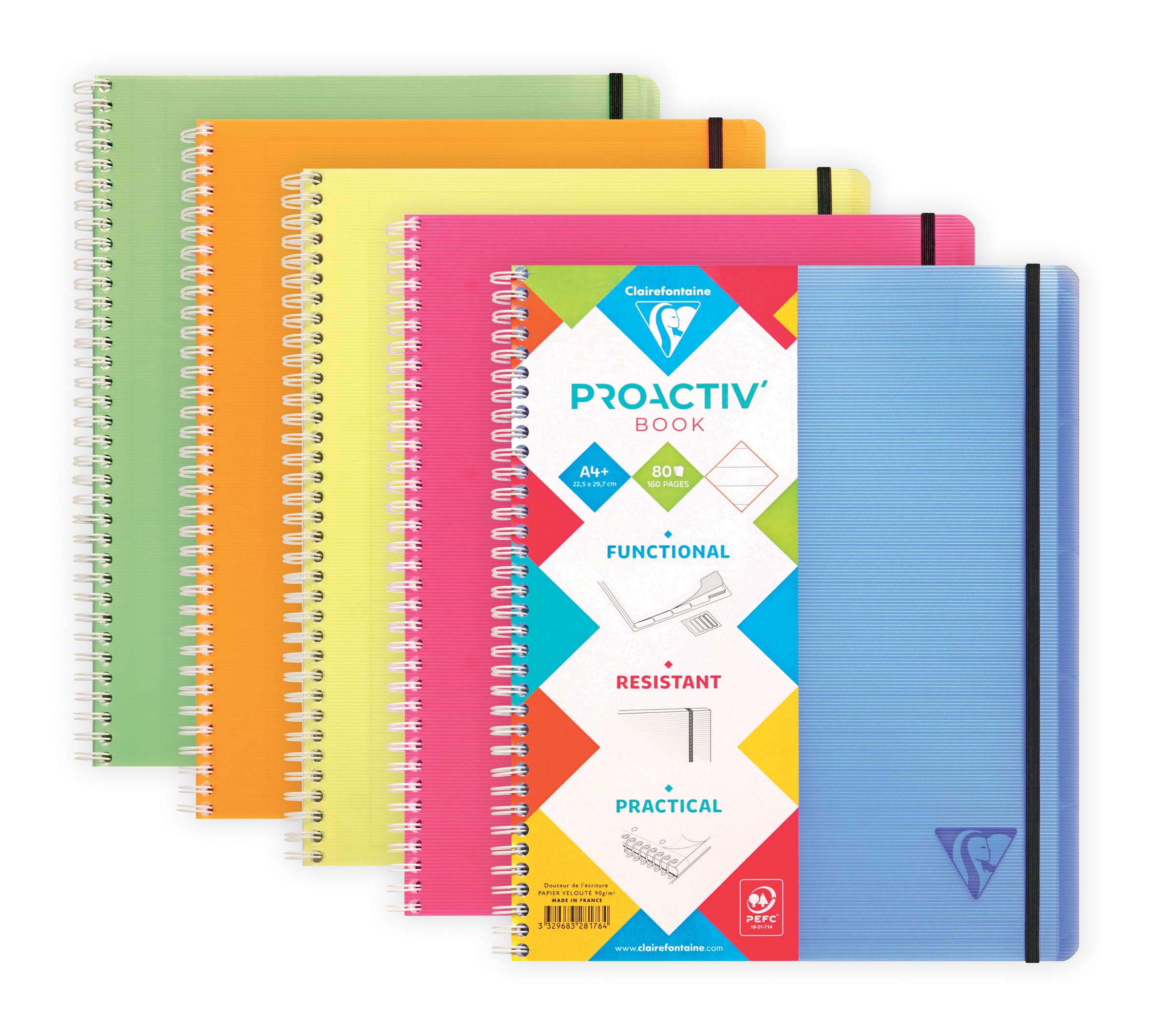 Clairefontaine 328176C Proactiv'Book Perforated Spiral Notebook-Sorter A4+ 22.5x29.7cm - 160 Ruled Pages w/ Margin - White Paper 90g Polypro Cover Random Colour