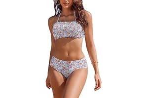 AI'MAGE Women's Two Piece Bandeau Bikini Set Mid Waisted Cute Floral Ruched Bathing Suits with Removable Shoulder Straps