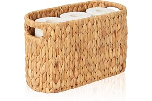 FairyHaus Wicker Toilet Paper Storage Basket with Buit-in Handles, 6 Rolls Natural Water Hyacinth Toilet Paper Holder Stand with Storage, Freestanding Handwoven Toilet Paper Holder Basket for Bathroom
