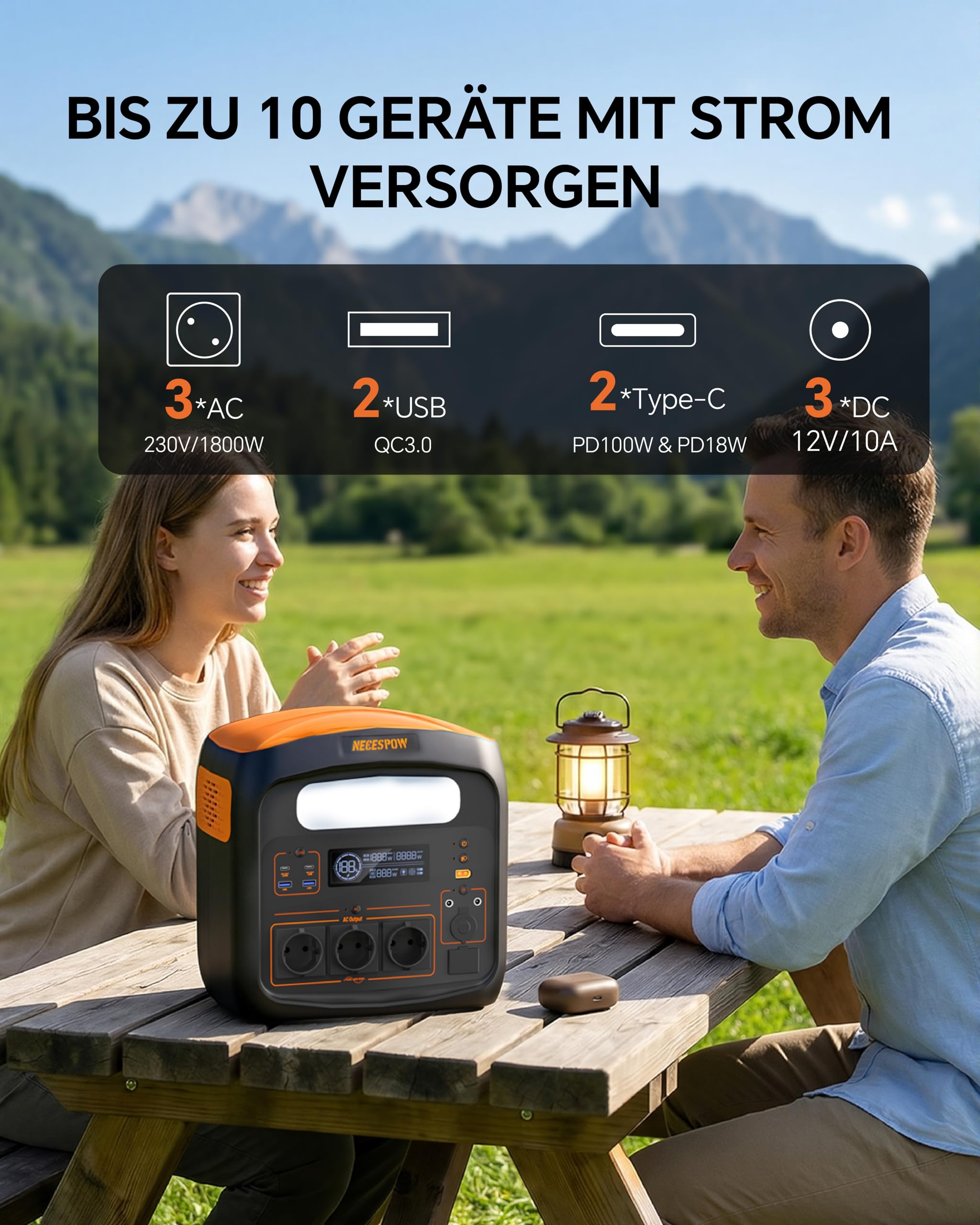 NECESPOW Tragbare Powerstation 1800W(3600W Spitze),1024Wh LiFePO4 Akku,3x AC Ausgang Solargenerator,Schnellladung in 55 Min,PD 100W,USB-C/AC/DC,Solarladung für Camping Notstrom Outdoor 2
