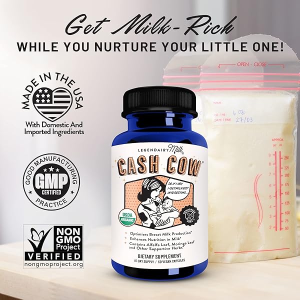 LEGENDAIRY MILK CASH COW LACTATION SUPPLEMENT, MORINGA, ALFALFA, AND GOAT’S RUE BREASTFEEDING SUPPLEMENT FOR MILK SUPPLY INCREASE, FENUGREEK-FREE, CERTIFIED ORGANIC, VEGAN, NON-GMO, 60 CAPSULES