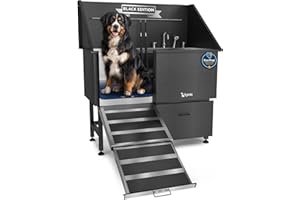 KANIS Black Line Professional Dog Washing Station - 304 Stainless Steel Pet Wash Sink & Grooming Bathtub w/Shower, Floor Grates and Storage for Large, Medium & Small Pets (50", 1 Drawer - Left Ramp)