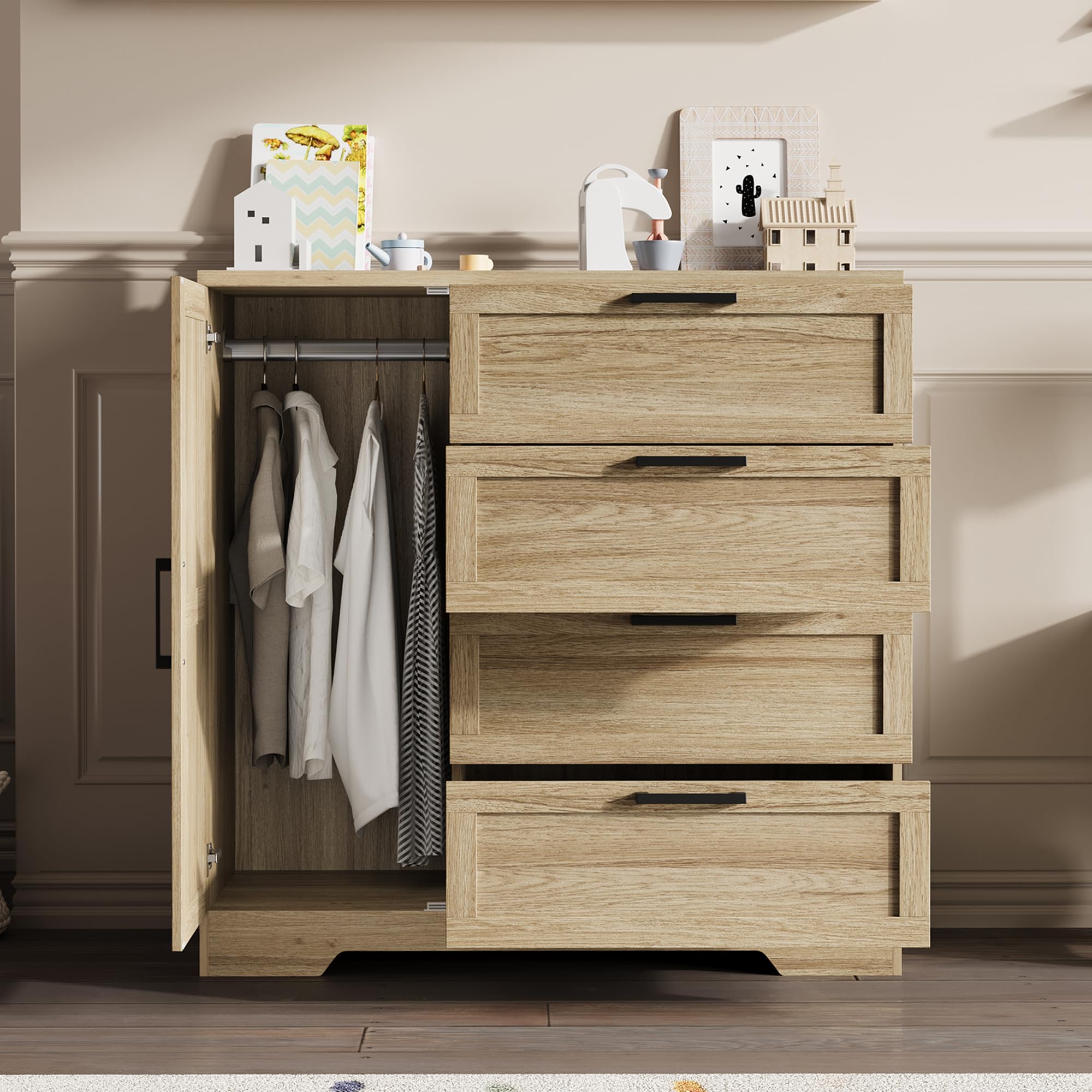 Photo 1 of IDEALHOUSE 43.3'' H Armoire Wardrobe Closet with 4 Drawers and Hanging Rod, Multifunctional Wood 4 Drawers Dresser with Storage Closet, Clothing Storage Cabinets for Bedroom, Natural Oak