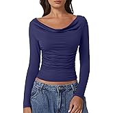 QINSEN Women Cowl Neck Long Sleeve T Shirts Double Lined Tight Fitted Crop Top