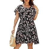 Nemidor Plus Size Summer Dresses for Curvy Women Casual Boho Midi Chiffon Print Floral Dress with Ruffle Sleeve 14-26