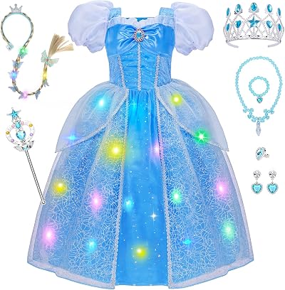 MELAND Blue Light Up Princess Dress with Wig Girls 3-10 Costumes