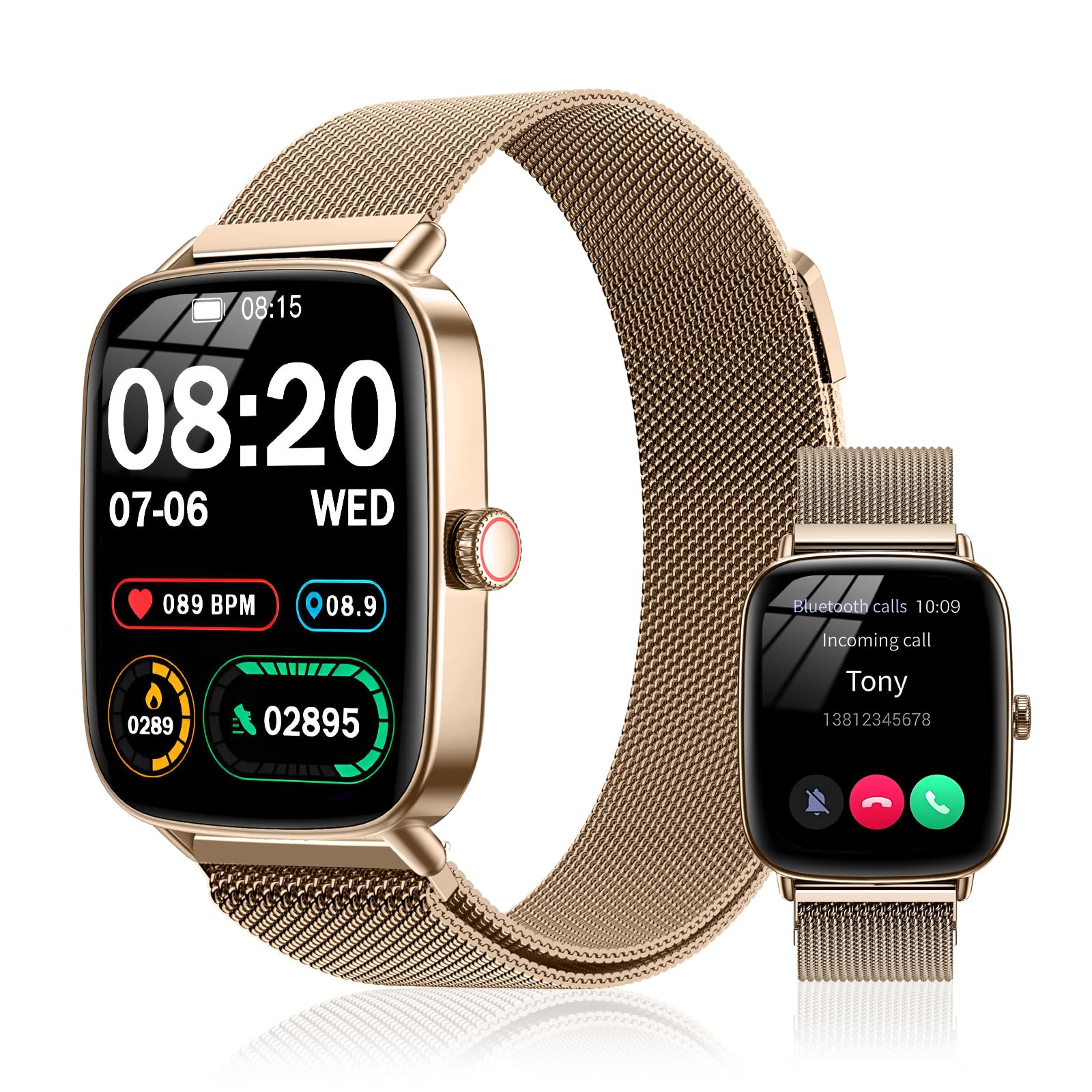 Photo 1 of Smart Watch for Women(2 Bands), 1.85" HD Fitness Tracker Screen with Call Function, IP68 Waterproof, 100+ Sport Modes, Blood Oxygen Monitor/Heart Rate/Sleep Monitor, iOS Android Compatible (Gold)