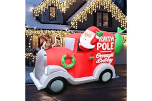 QEOIYDE Christmas Inflatable 6FT Santa Claus Outdoor Decorations Blow Up Gift Truck with Presents & Squirrel Lighted Xmas Car Outdoor Decor for Garden Lawn Yard Indoor Party Décor