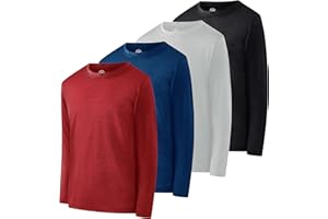 Real Essentials 4 Pack: Boys Youth Dry-Fit Moisture Wicking Active Athletic Performance Long-Sleeve T-Shirt