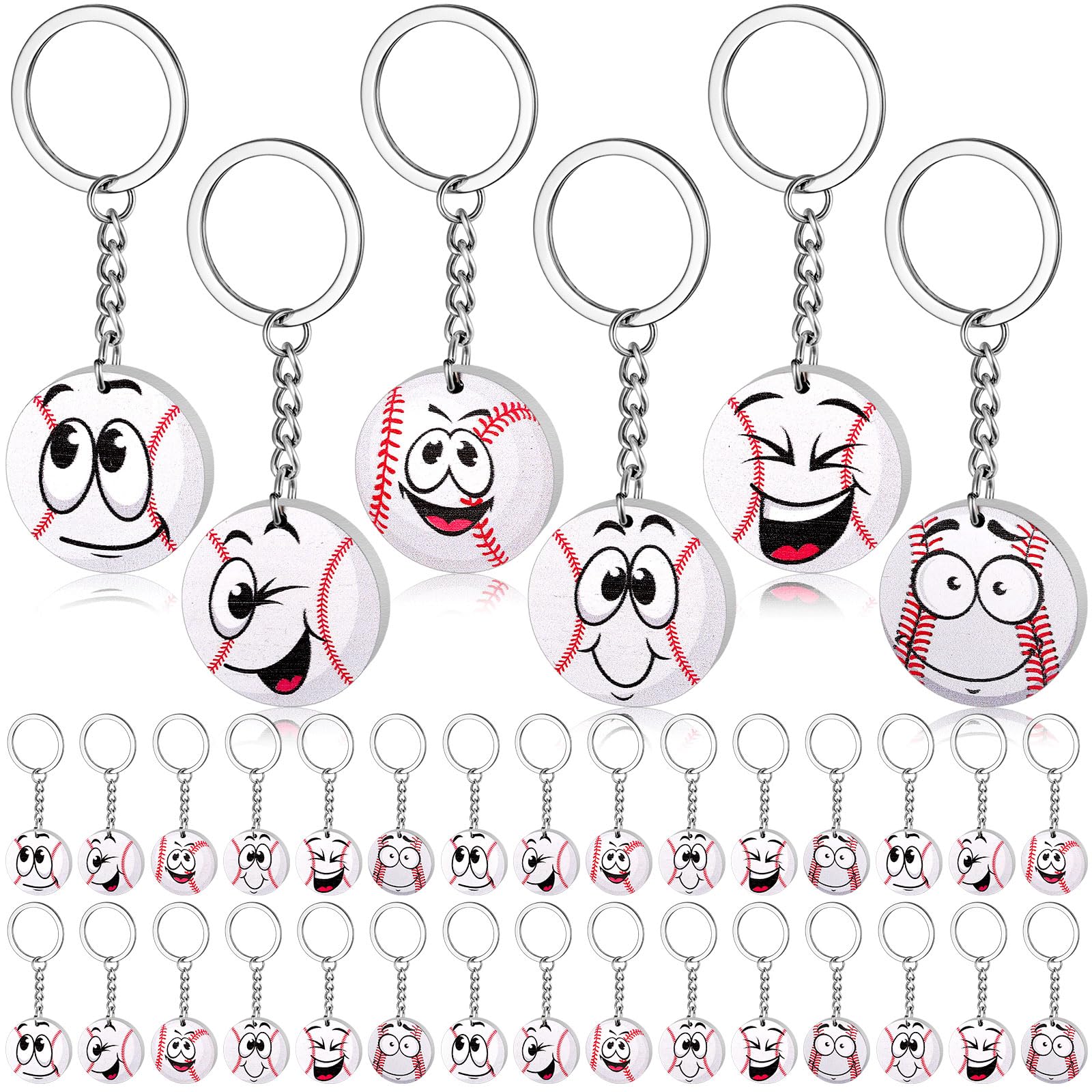 Photo 1 of ***used missing parts****Geelin 36 Pack Sports Keychain Bulk Sport Face Keychain Funny Emotion Wood Printing Gifts for Team Gifts Players Party Favor(Baseball)