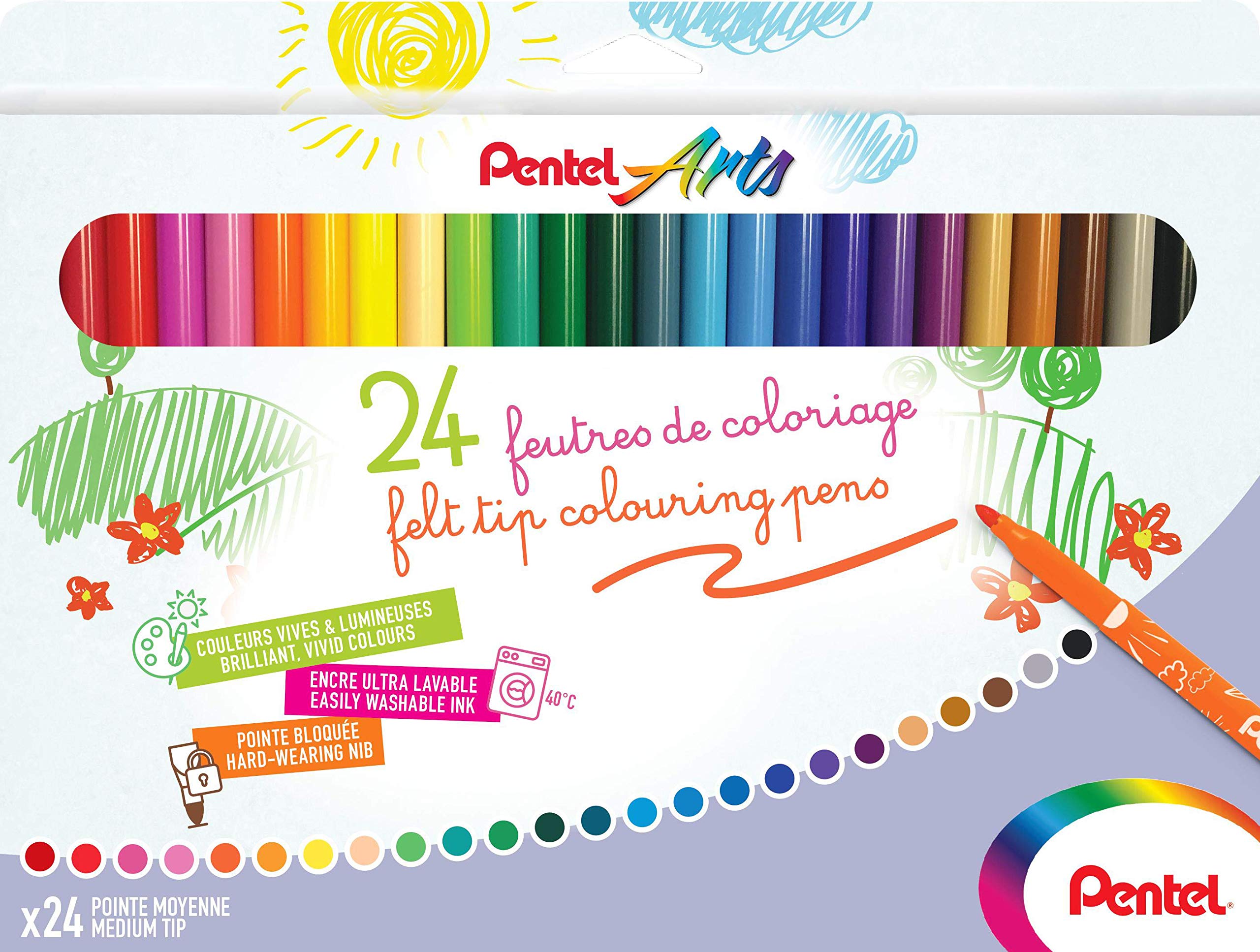 Pentel Arts SCS2E-24 Felt-Tip Pens Medium Point, Pack of 24