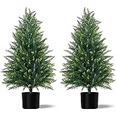 Grooy 3FT Artificial Cedar Topiary Tree with Pot, Set of 2 Fake Evergreen Tree for Indoor Home Christmas Decor Outdoor Garden Porch Decor
