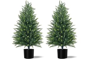 Grooy 3FT Artificial Cedar Topiary Tree with Pot, Set of 2 Fake Evergreen Tree for Indoor Home Christmas Decor Outdoor Garden Porch Decor