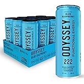 Odyssey Functional Energy Drink for Focus, Cognition & Mood Support 12 Pack - Adaptogenic Drink with 222mg Green Tea Caffeine, Lion’s Mane, Cordyceps, L-Theanine & Ginseng, Sparkling Blue Raspberry